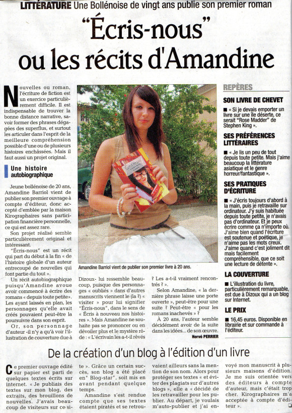 Un article du journal Vaucluse Matin paru pour le livre Ecris Nous ecrit par Amandine Barriol